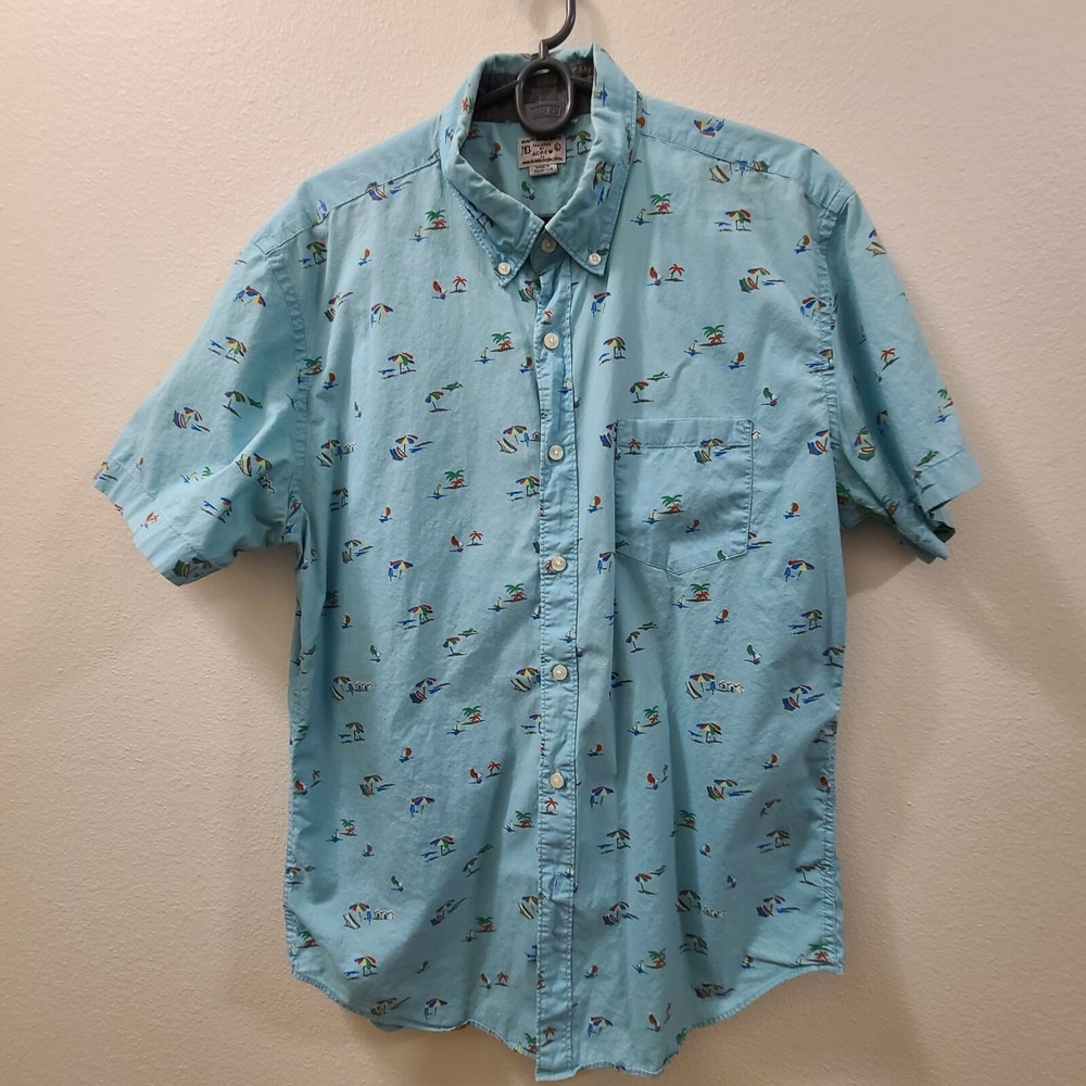 J.Crew Mens Island Hawaiian Shirt Large Tropical Short Sleeve Button Trees Ocean